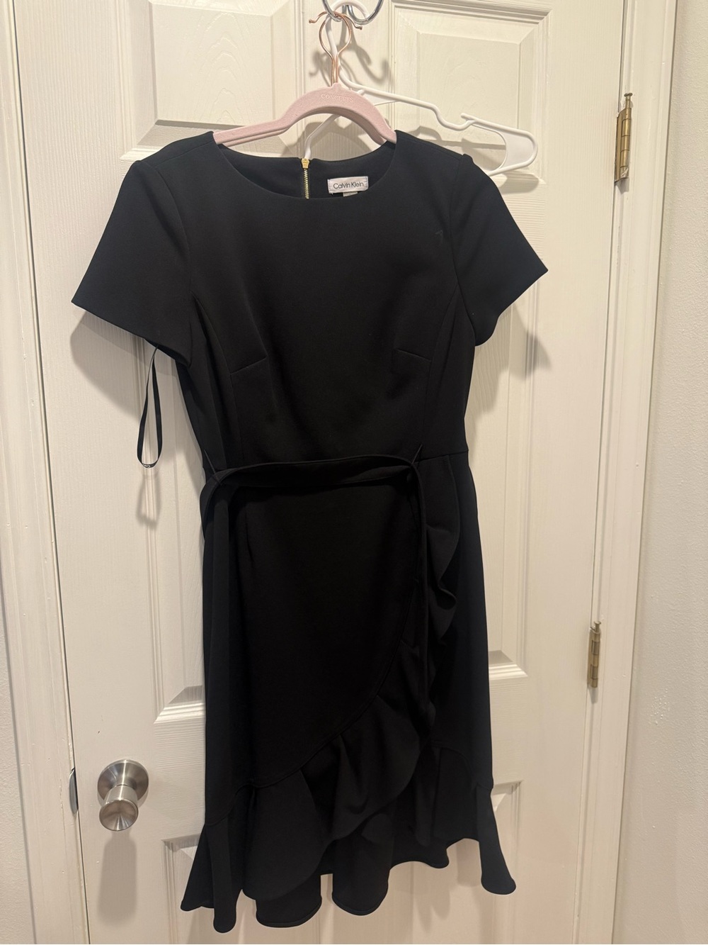 Calvin Klein Black Short Sleeve Ruffle Wrap-Style Dress